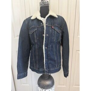 LEVI'S Snap Front Original Sherpa Trucker Jacket Blue Dark Wash Womens Small EUC